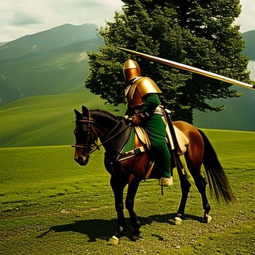 Samurai in dark green & copper armor holding long sword riding