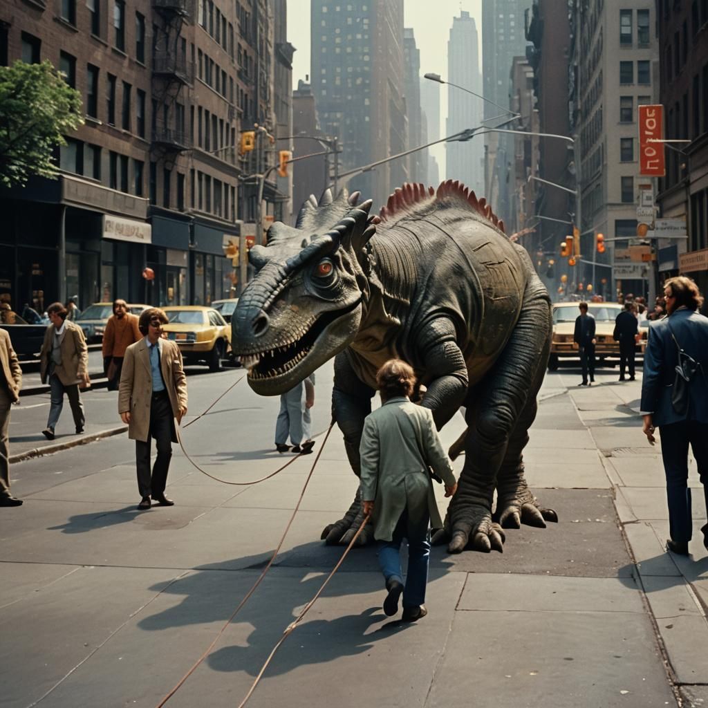 John Lennon walks a dinosaur, New York City 1977