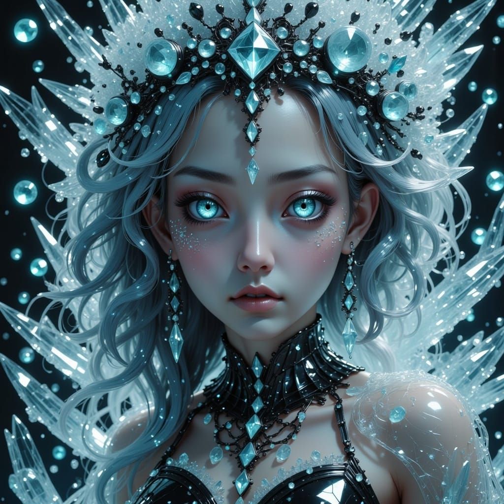 <lora:Glass Aesthetics Fx:1.0>, Portraiture of ethereal frost snow-covered woman, auroral luminescence infused in delicate facial features,...