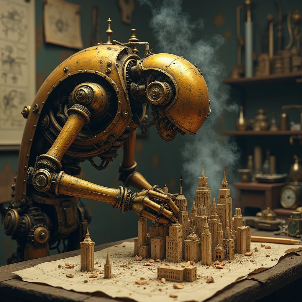 A steampunk-inspired automaton, crafted from brass gears and intricate clockwork, meticulously assembles ...  by @Michael Daniels