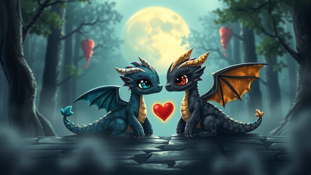 Two Chibi Hearts, Forever Bound

In a forest of mist where the moon softly glows,
Two tiny dragons, their love only grows.
One blue as the s...