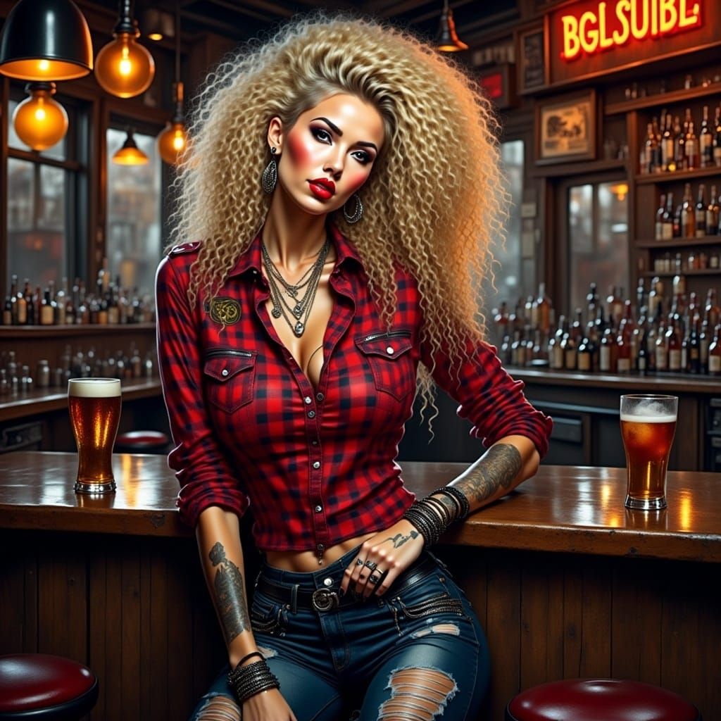 <lora:GrungepunkFlux:1.0> > portrait from the waist up of beautiful woman, red plaid shirt , ripped latex jeans, bracelets, ,blond long curl...