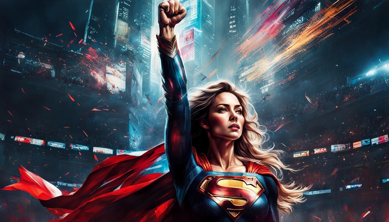 Superwoman Victory Pose in Watercolour and Ink Style