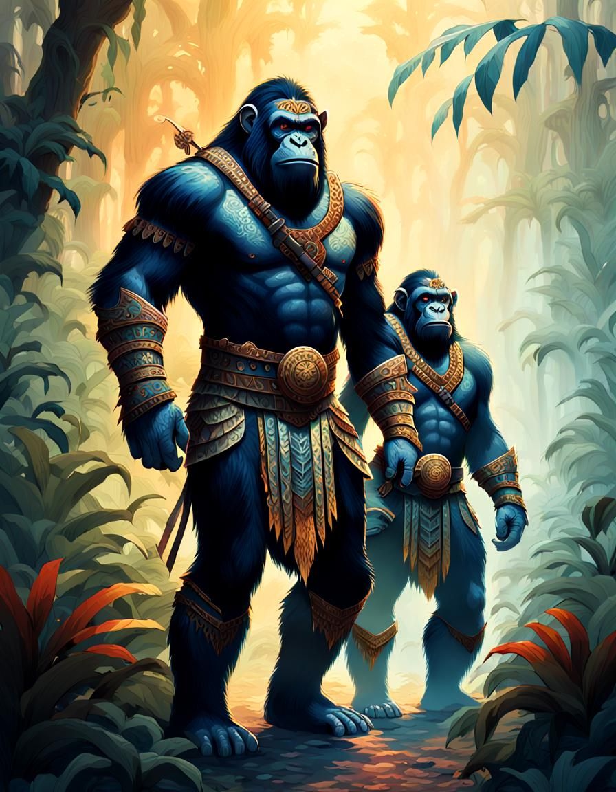 Armored Apes Guard Jungle Path in Fantasy Art