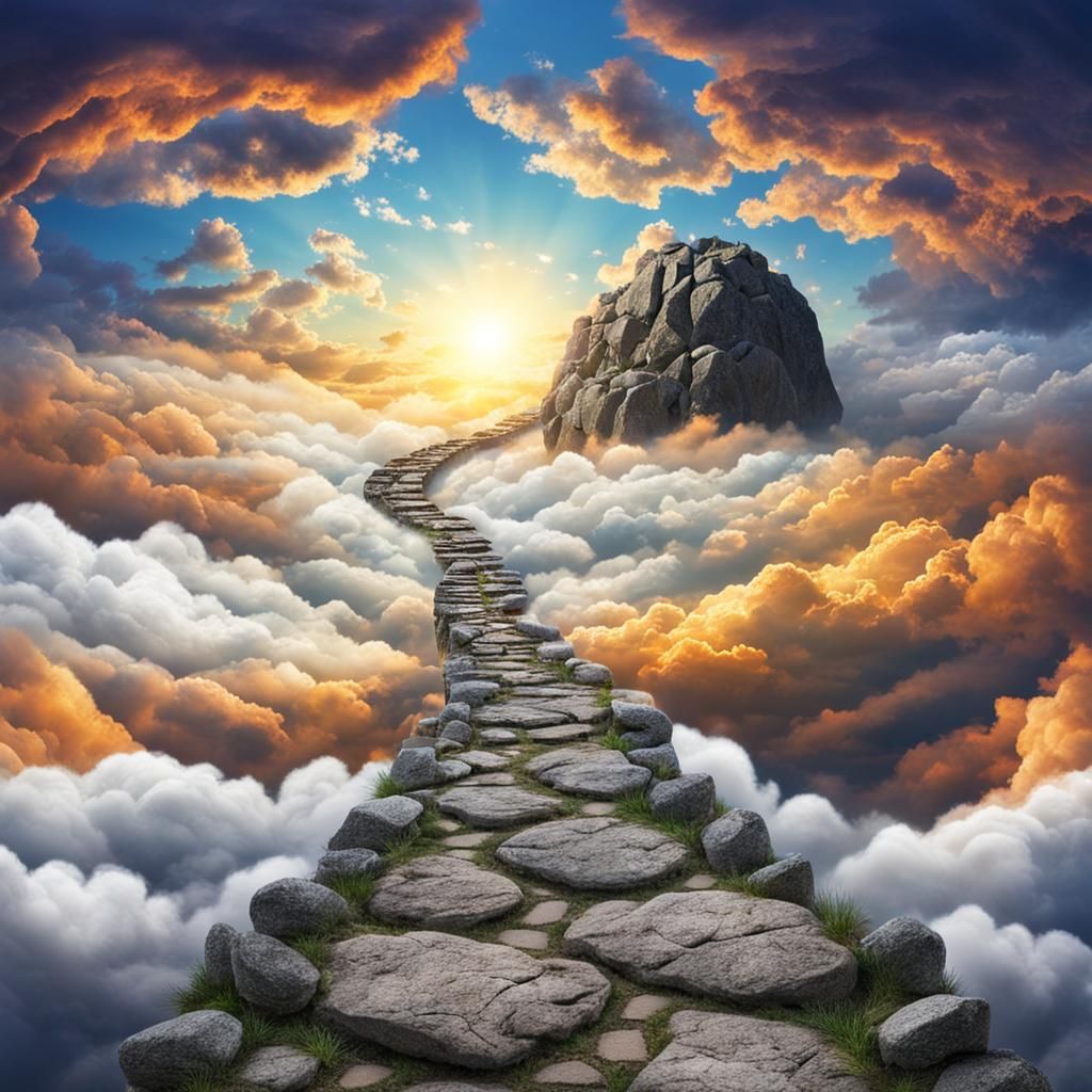 the sky, clouds, the rock road going up to heaven