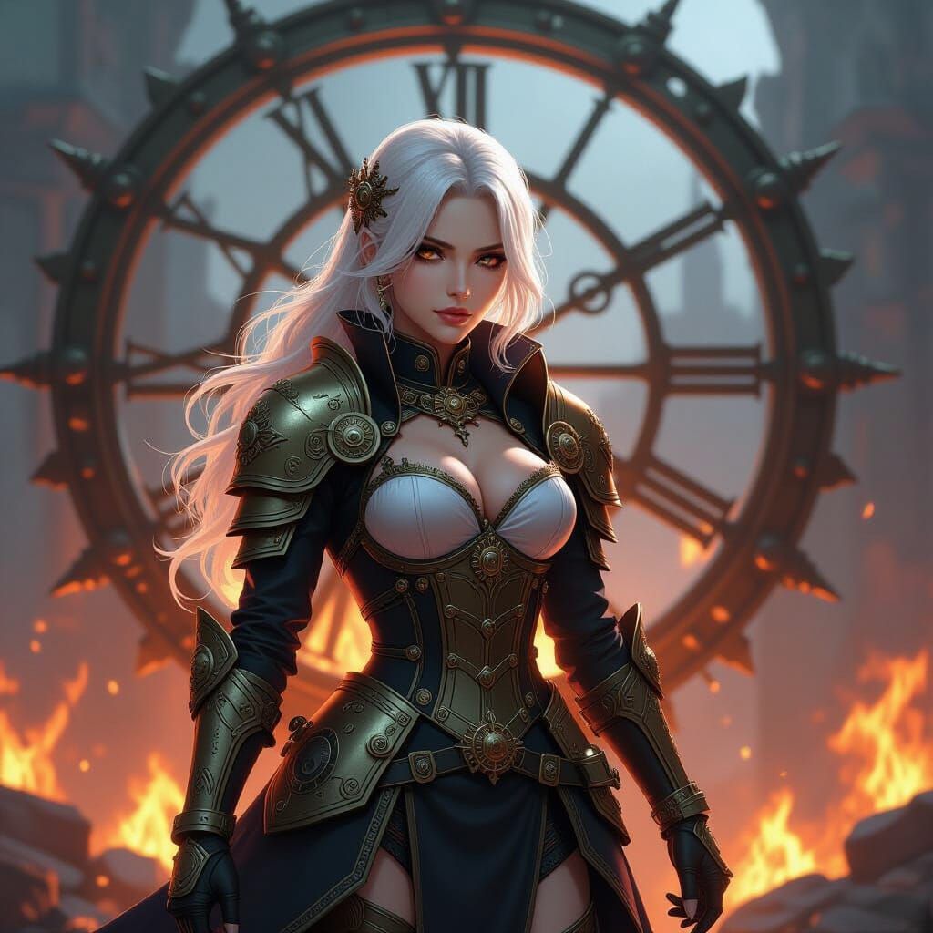 anime, steampunk fantasy, cinematic, emotional, dramatic lighting, mechanical gears, glowing brass, epic orchestral, romance, betrayal, fire...