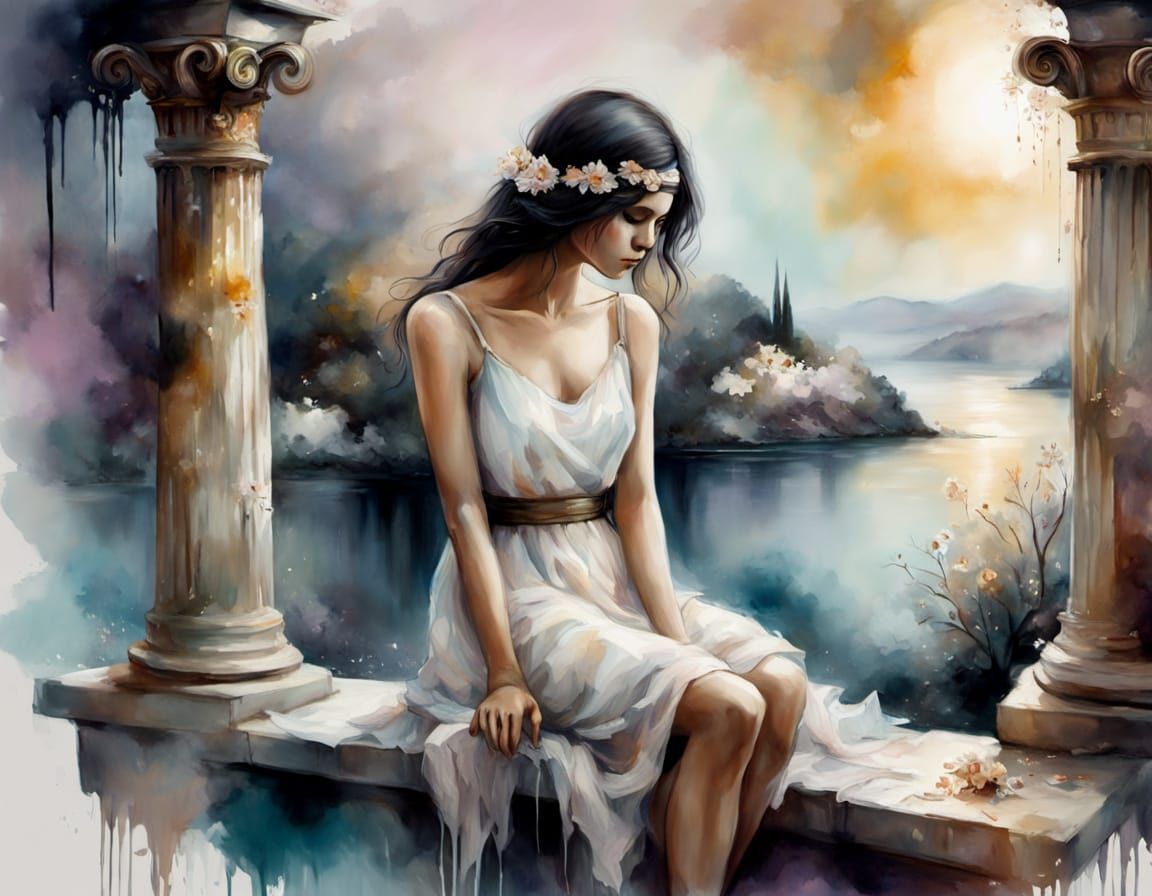 A surreal optical watercolor portrait depicts a sorrowful maiden, her features rendered in soft, dreamy hues. She sits sideways on a worn Gr...