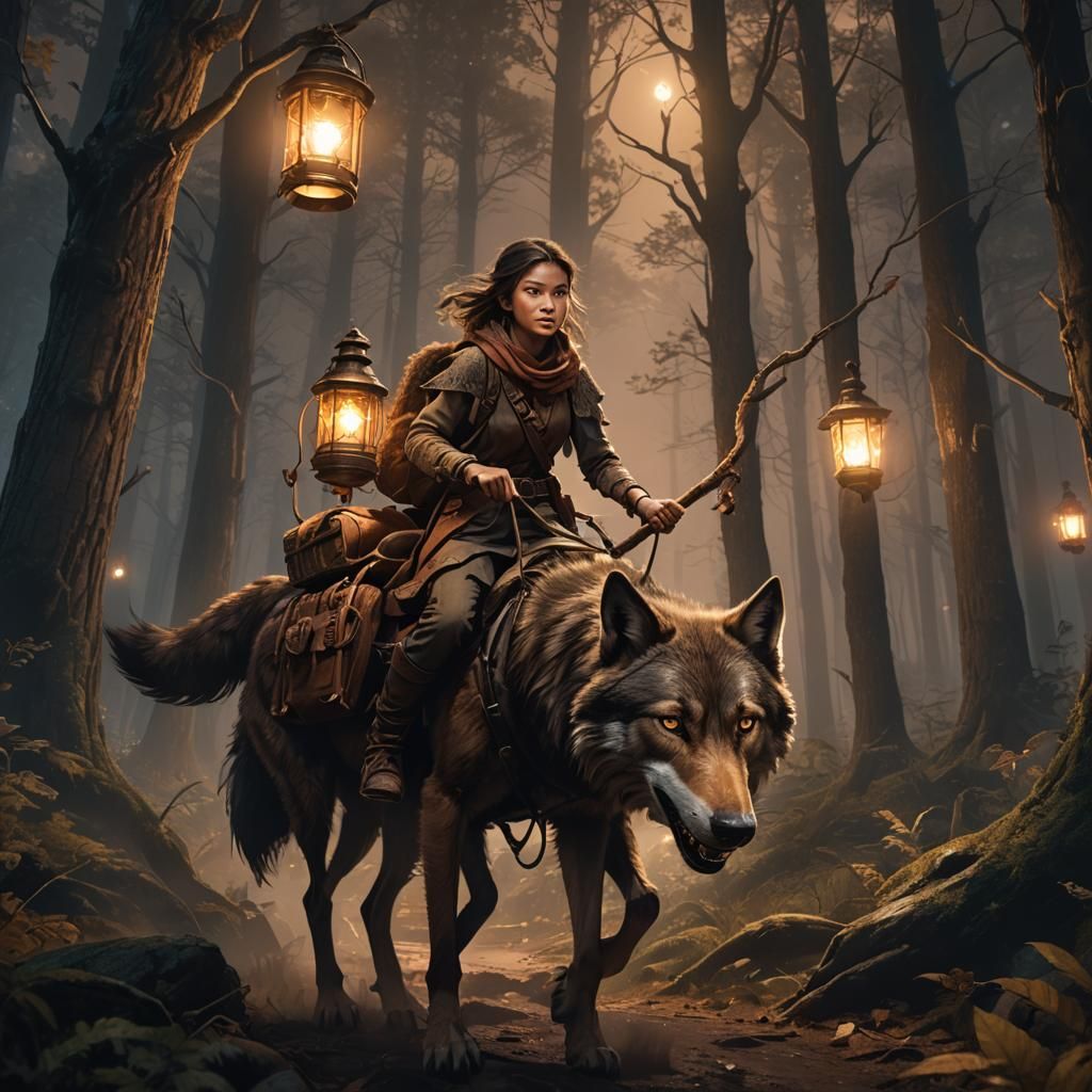 Girl Rides Wolf with Lantern Through Forest at Night