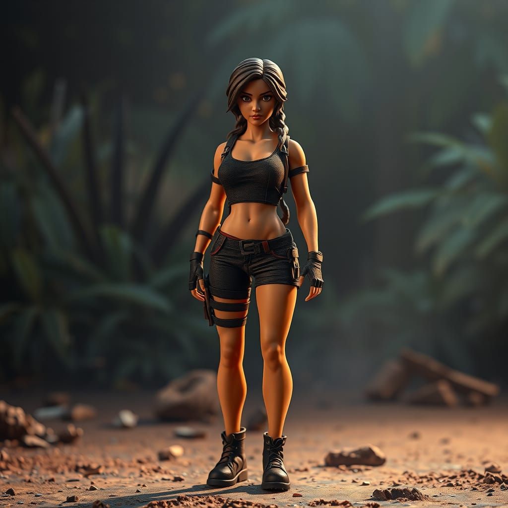 Lara Croft Doll Figurine in Fortnite Style with Jungle Backg...