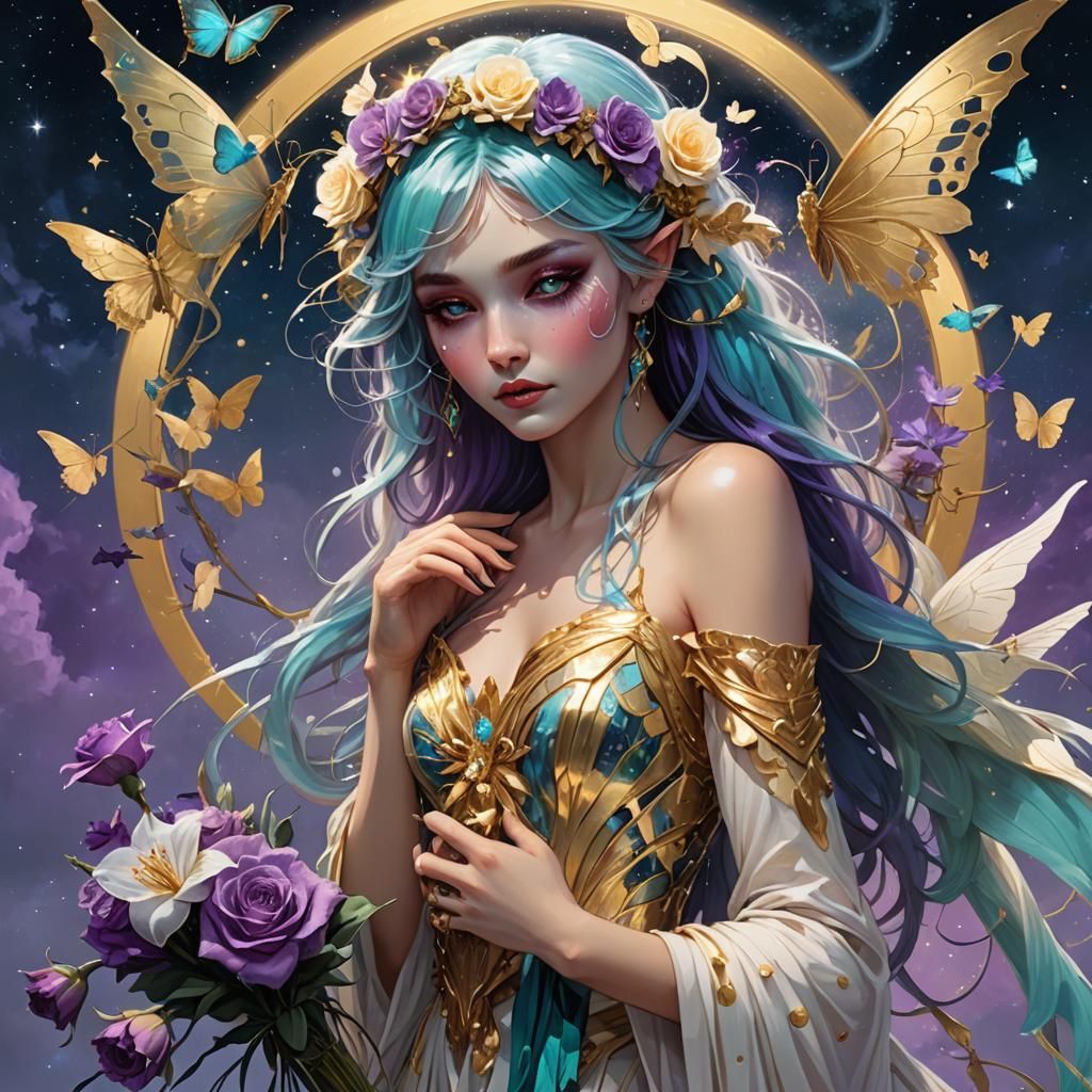 weeping fairy with iridescent   large wings wearing gold and...
