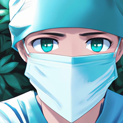 A surgeon with grey eyes wearing teal surgical scrubs, surgi...