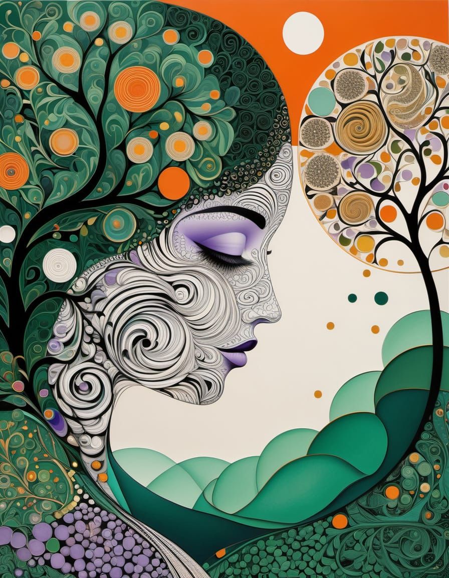 Woman in Vibrant, Symbolist-Inspired Landscape with Fractal ...