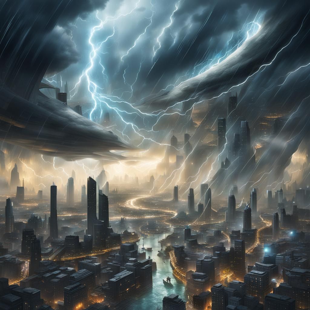 A futuristic swirling city in stormy lightning filled clouds...