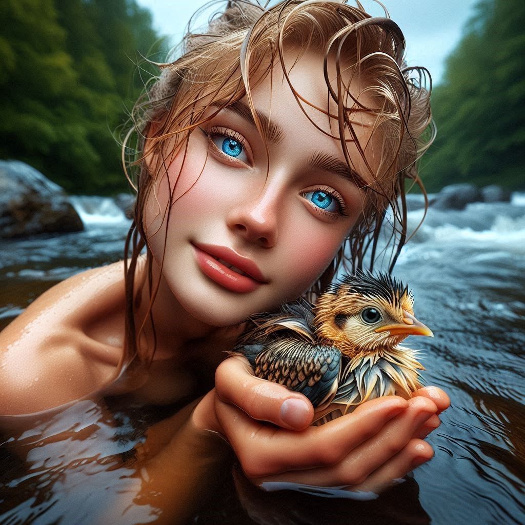 Wet Chick Holding a Bird