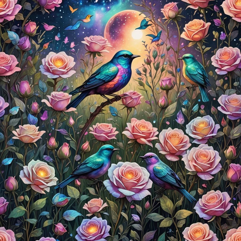 Birds Among Roses - AI Generated Artwork - NightCafe Creator