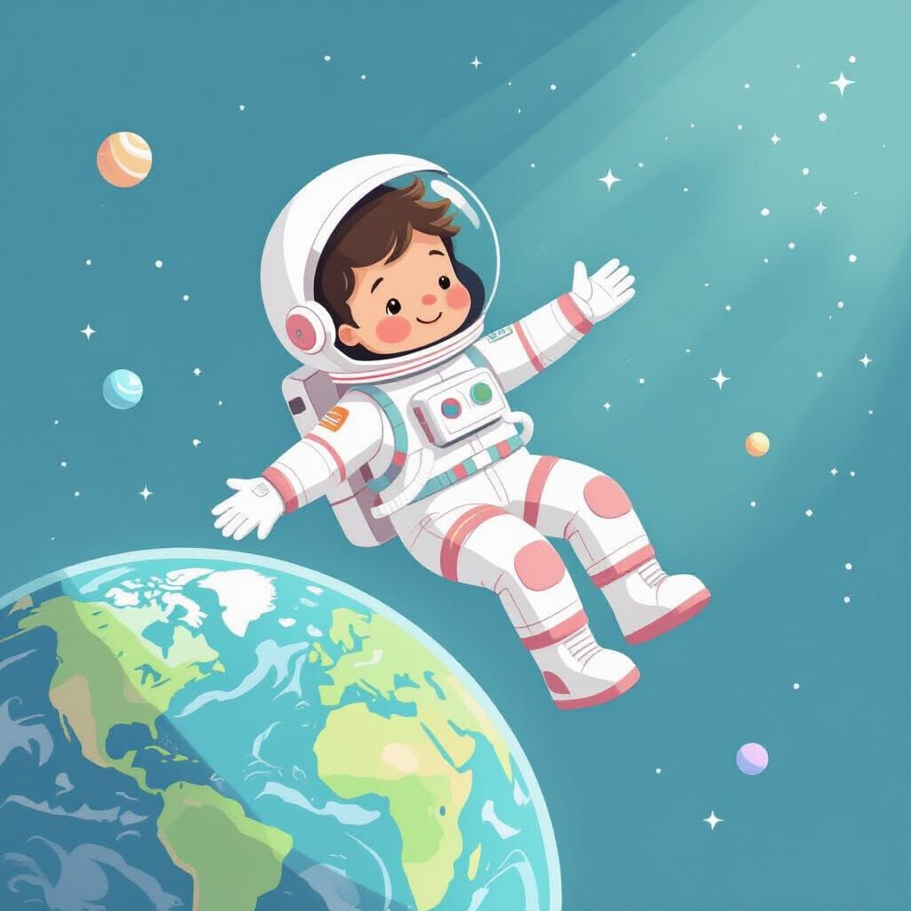 Cute Astronaut Floating in Pastel Space Above Earth