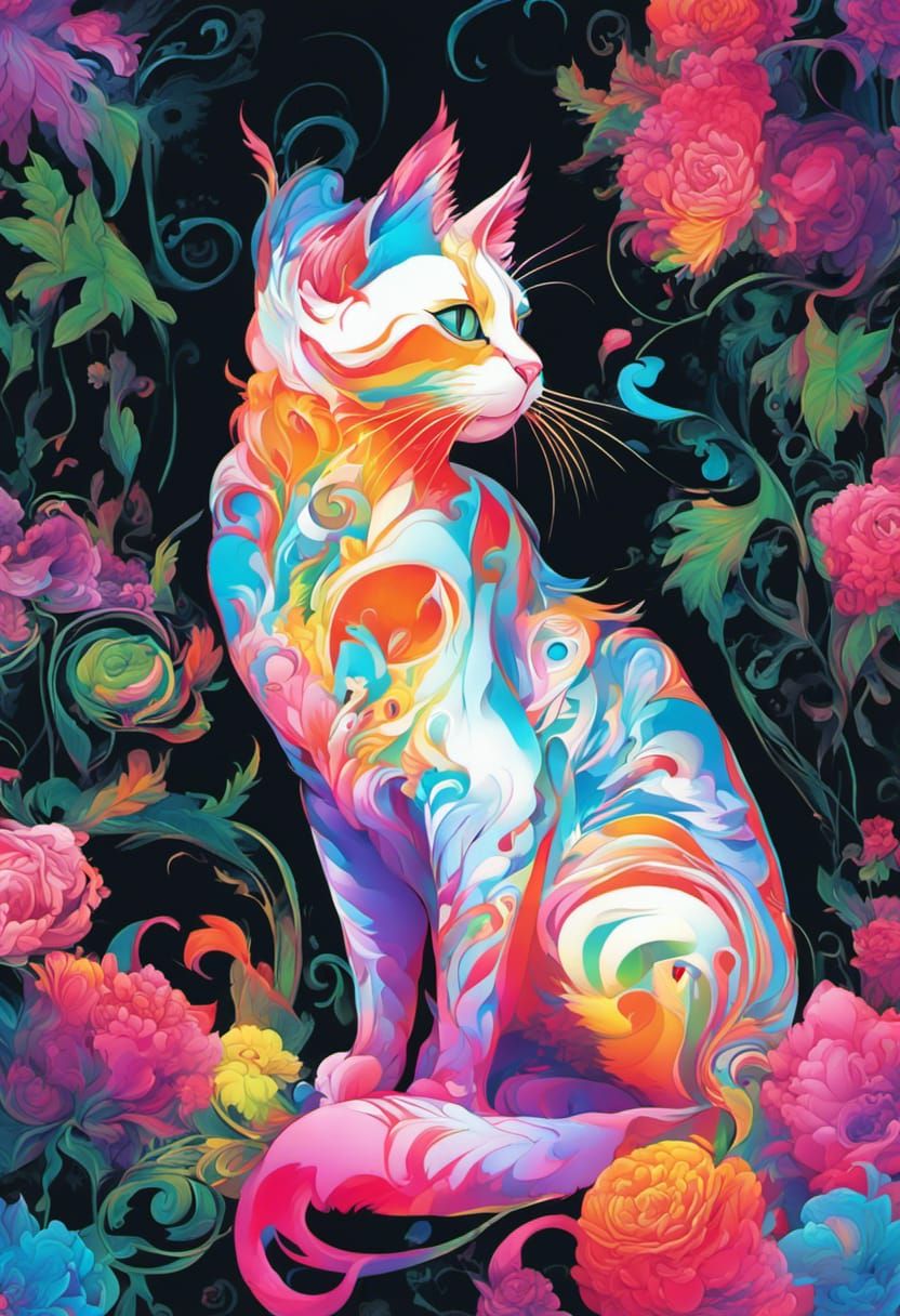 Intricate Neon Cat Vector Art in Art Nouveau Style