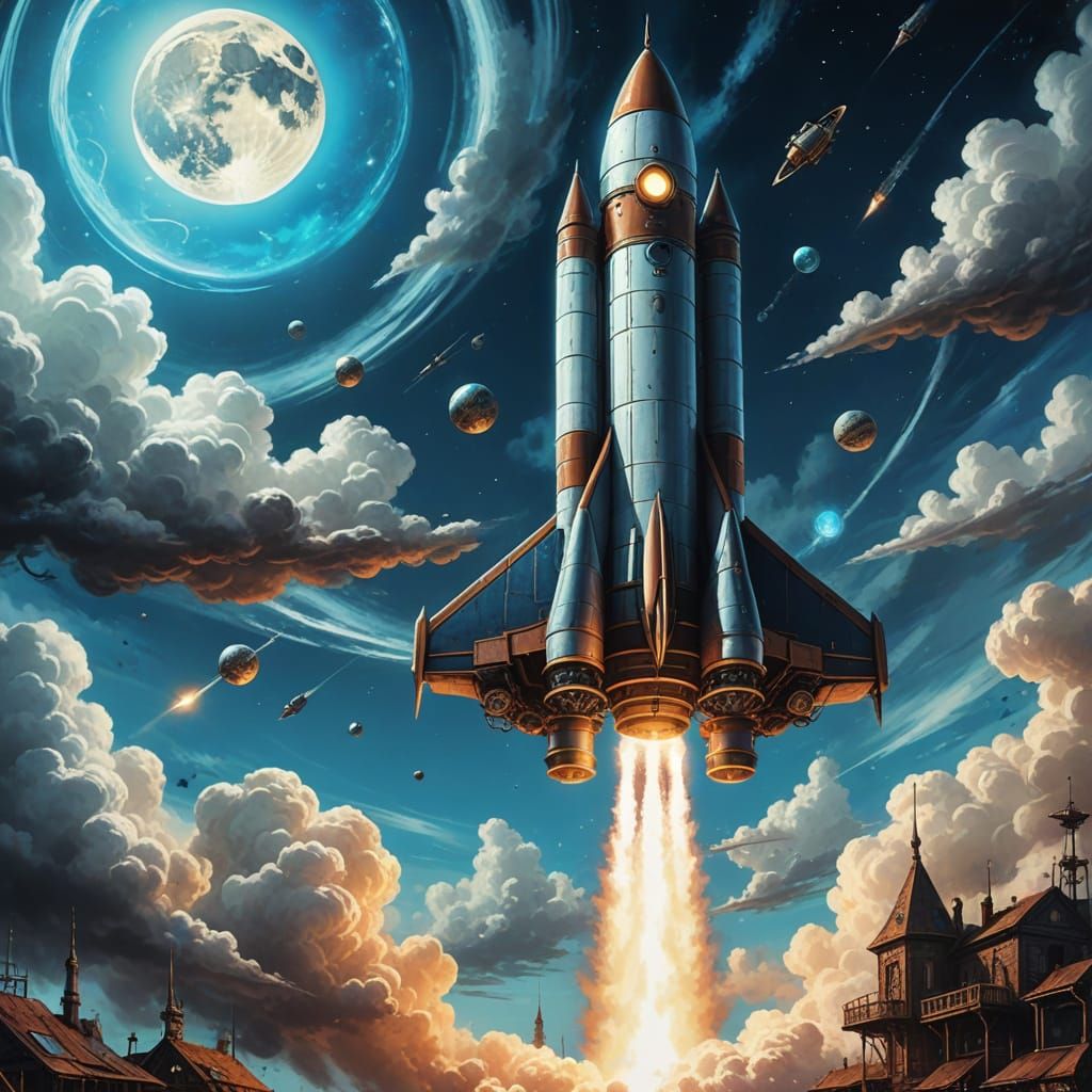 Steampunk futuristic, eclectic,  rocket ship, lifting off breaking though the atmosphere into space, ...  by @Sumikokeel