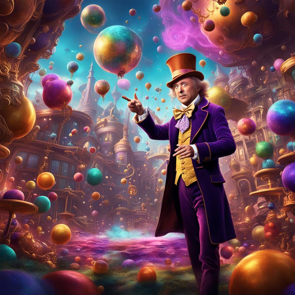 an imaginative digital illustration featuring Willy Wonka in...