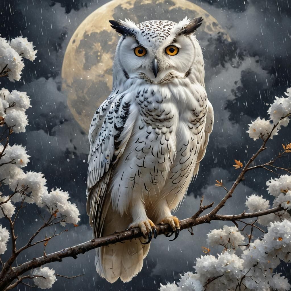 white owl, rain falling