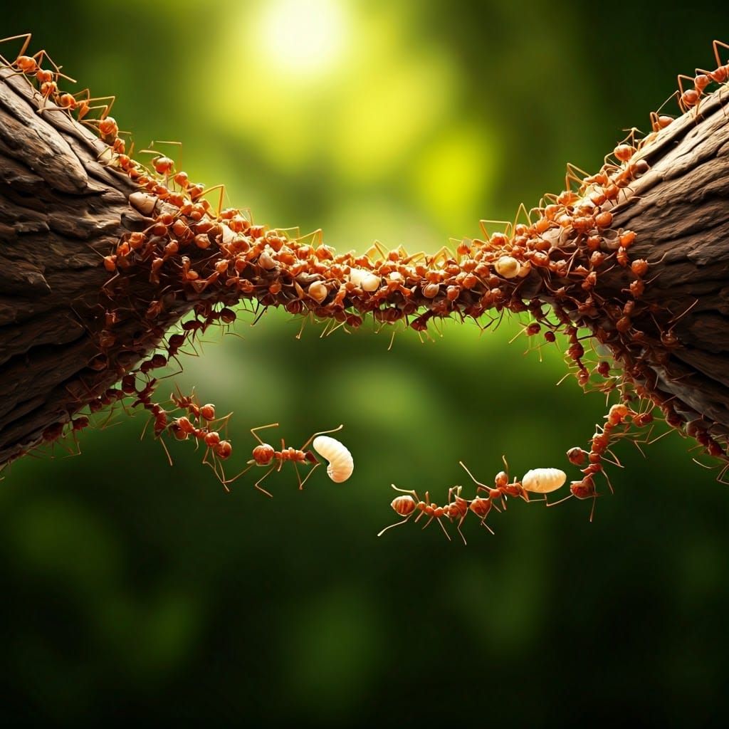 A living bridge made only of army ants linking their bodies together across a gap.  Mid-range view, close ...  by @Murray