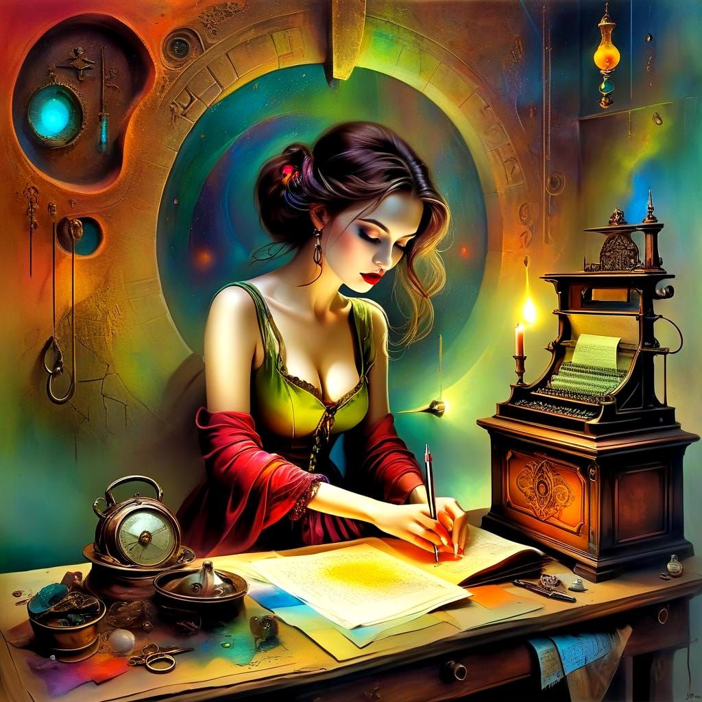 Mysterious Siren with Runes and Typewriter in a Surreal Land...