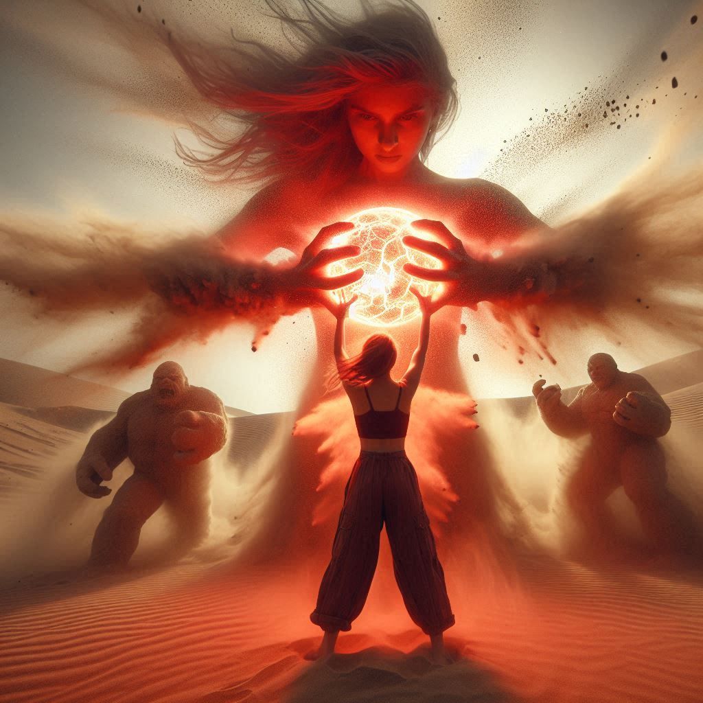 girl with power earth, lifting a barrier of sand in the dese...