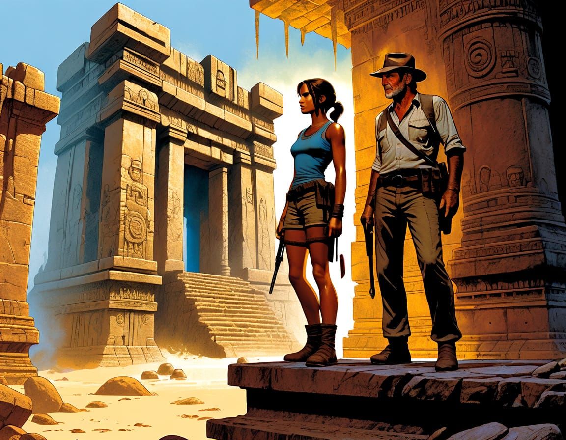 close-up: Lara Croft and Indiana Jones standing at the edge of a forgotten temple, torch in hand. 