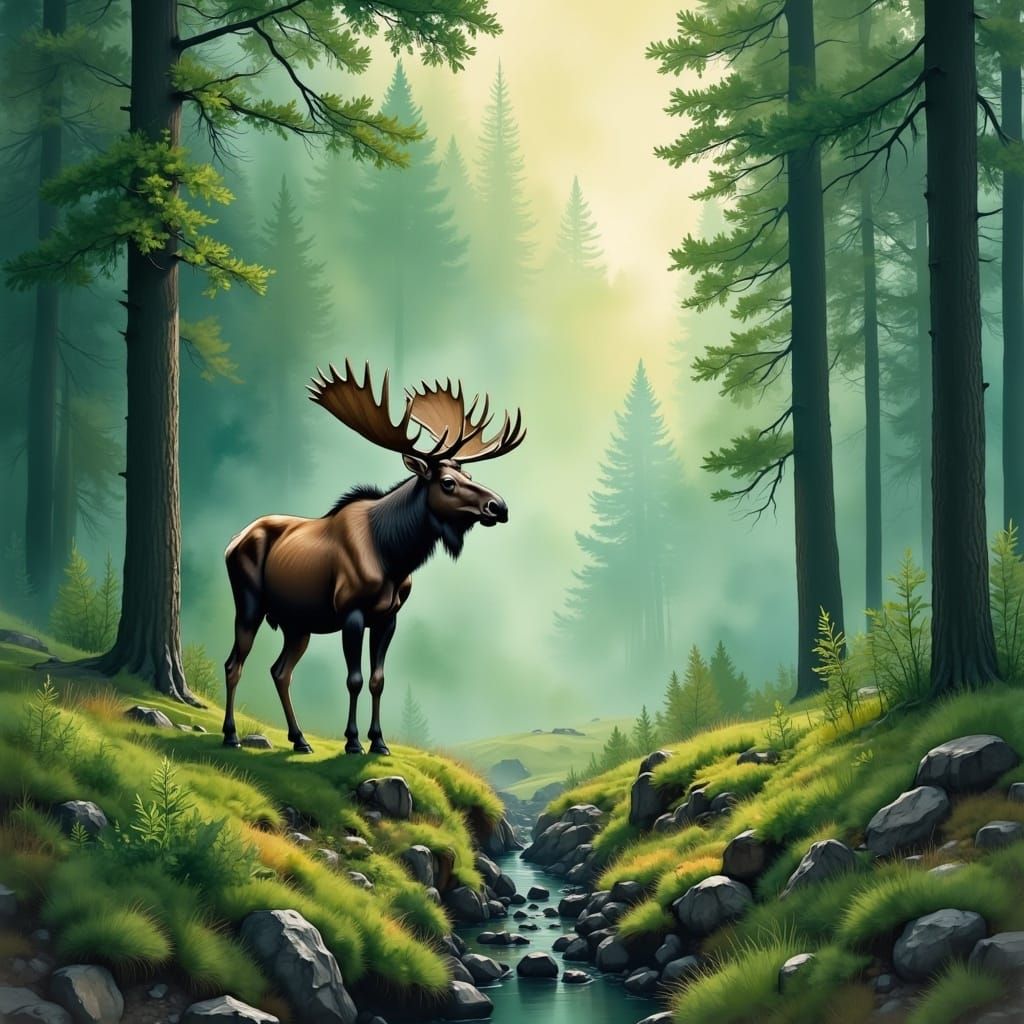 <lora:GuacaMOle Flux:1.0> A moose standing in a misty forest in the morning light