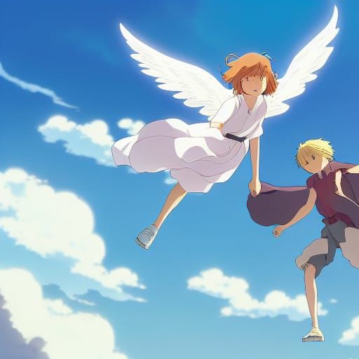 Angel girl and angel boy flying through the sky Studio Ghibl...