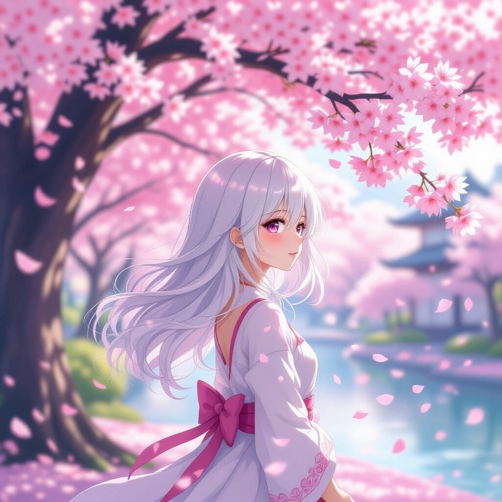 Ethereal Girl Under Cherry Blossoms in Anime Style
