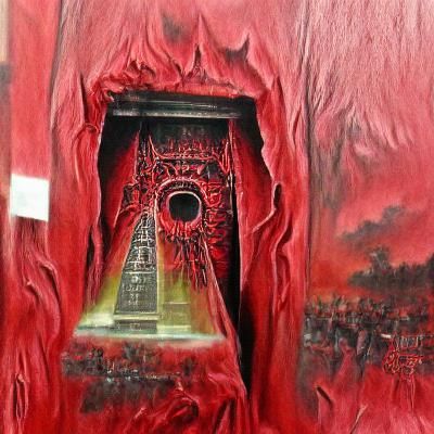 Demonic obelisk looking through a bloody portal in a red hell detailed painting
