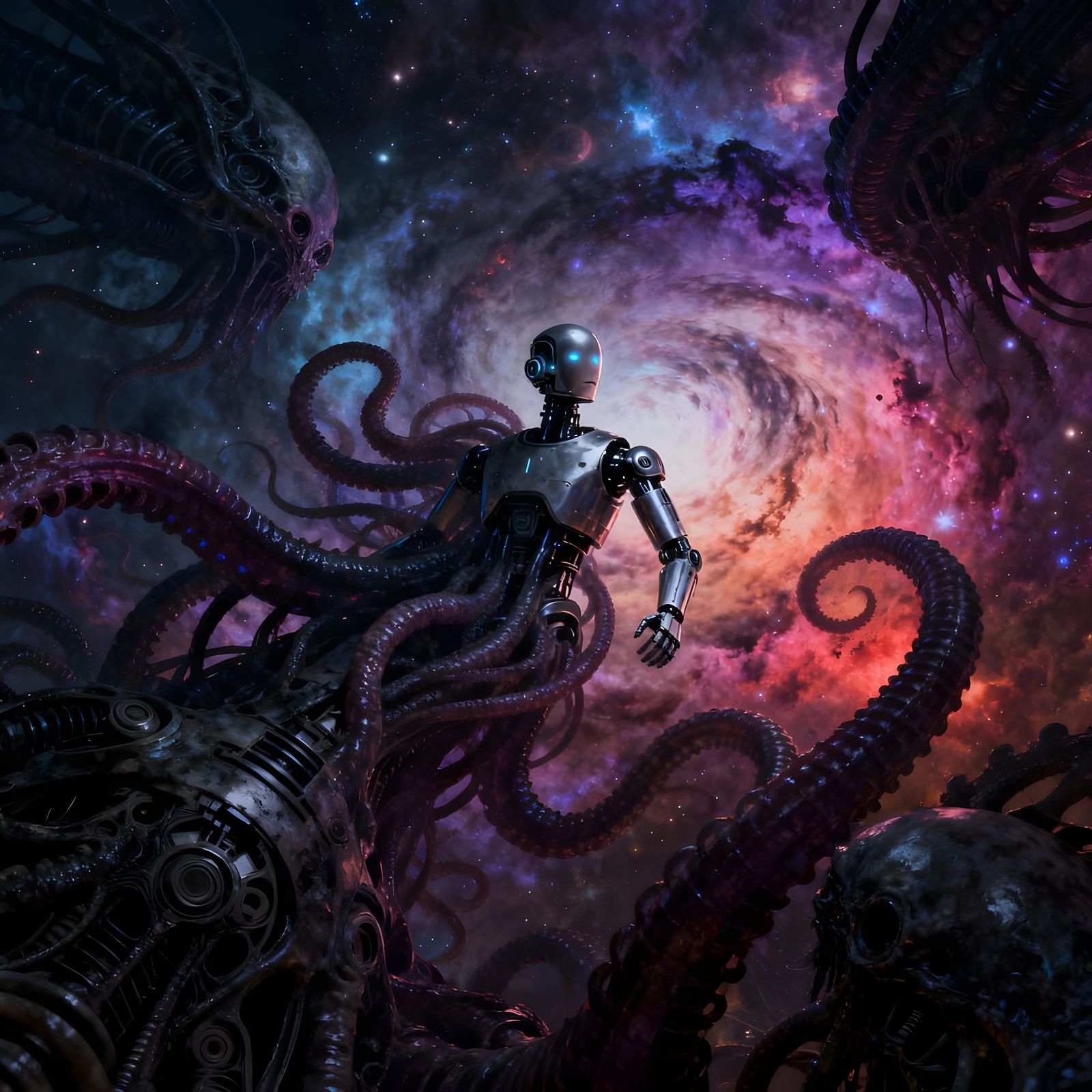 Sentient Android Swirls in Cosmic Nebula with Biomechanical ...