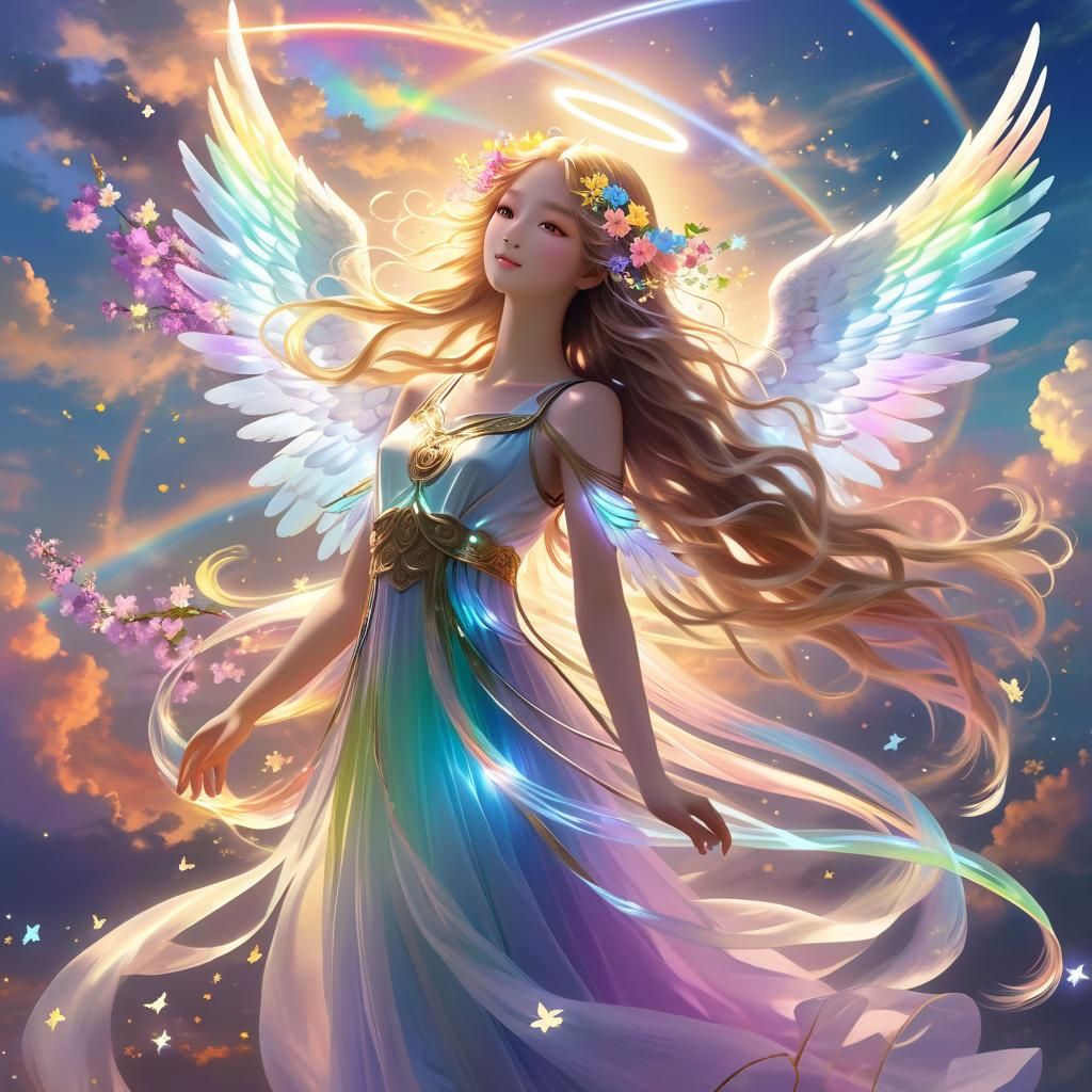 (Luminous Angel_with_transparent_wings among the clouds), her long ...