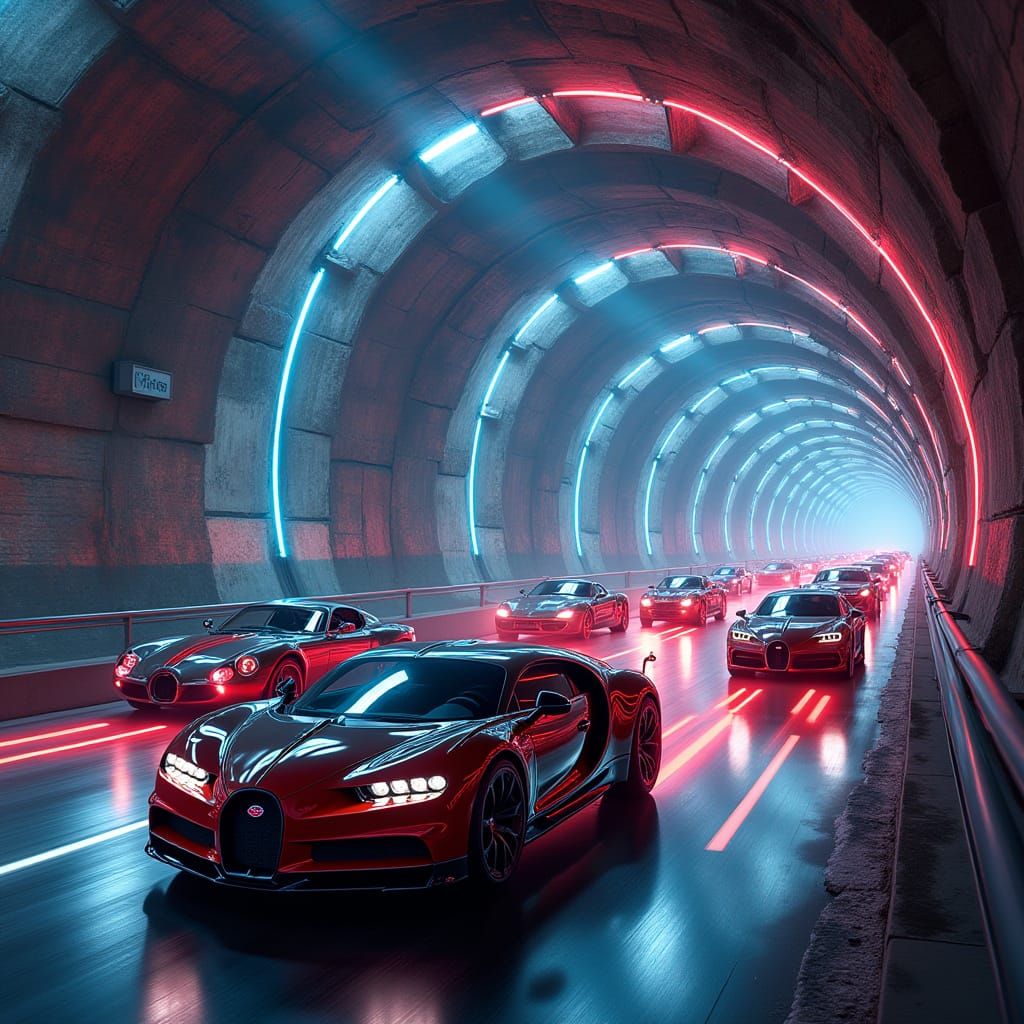 Hyperrealistic Spiral Tunnel with Cars Through Time