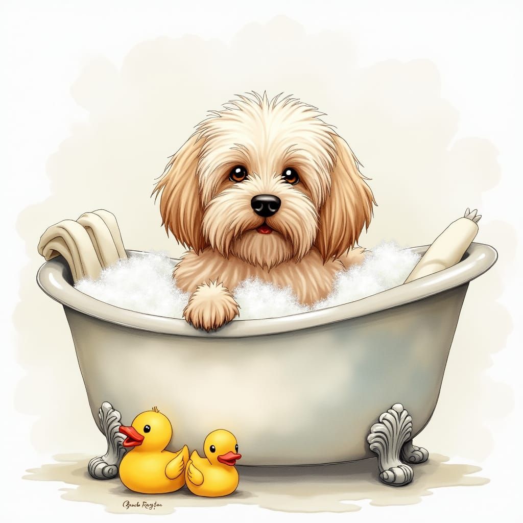 havanese dog with long hair in a tub with bubbles
