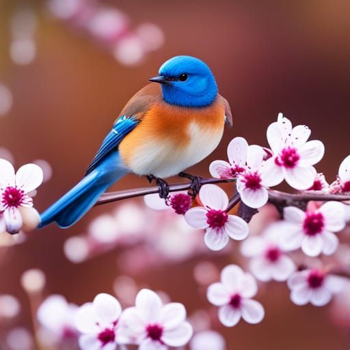 A blue bird sitting on a Japanese cherry tree limb - AI Generated ...