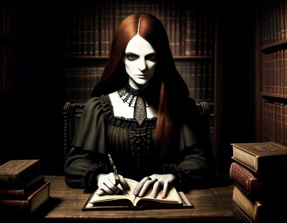female in a library, basic clothing, gothic,  by @Amanda