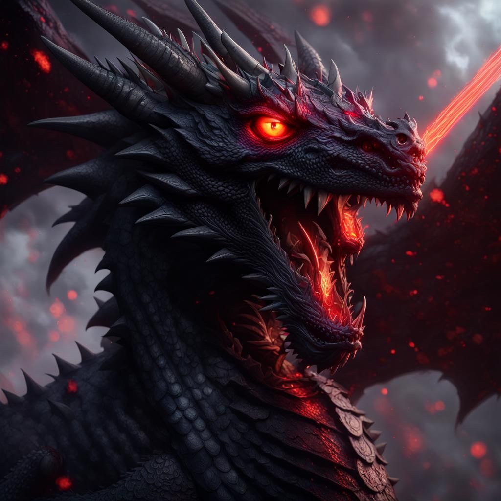 Portrait of a black dragon with red glowing eyes and red Spines ...