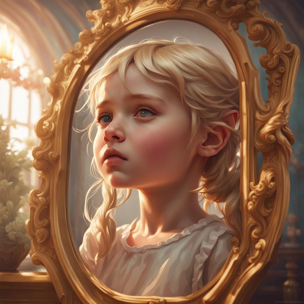 a little blonde girl climbs in front of a mirror