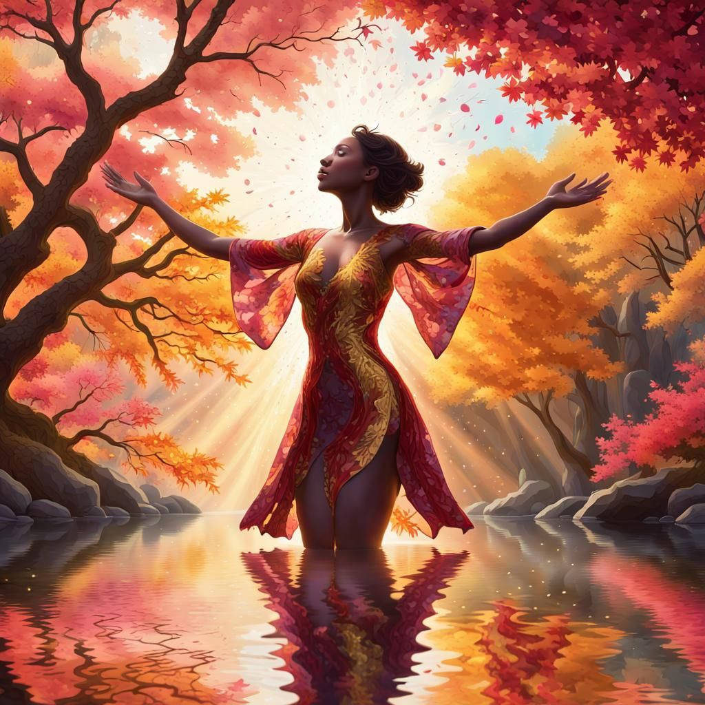 Woman in Light Burst Amidst Autumnal Kaleidoscope