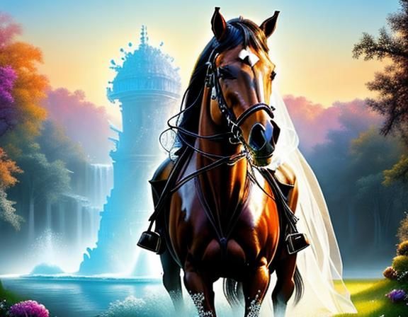  <lora:CreaturesNCharacters:1.0> A perfect (middle aged HisBride) Awaits from horseback: HisBride riding a horse