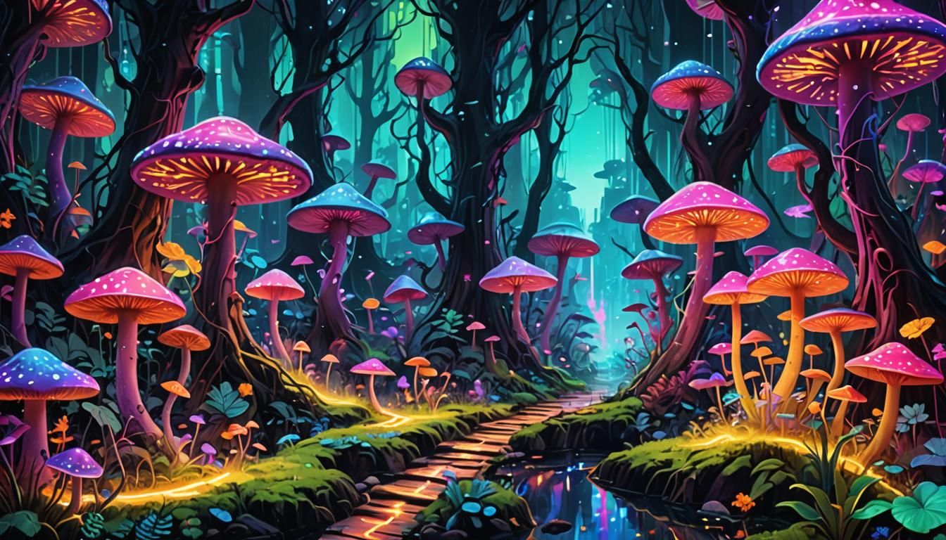 A fairy mushroom village in an enchanted bioluminescent fore...