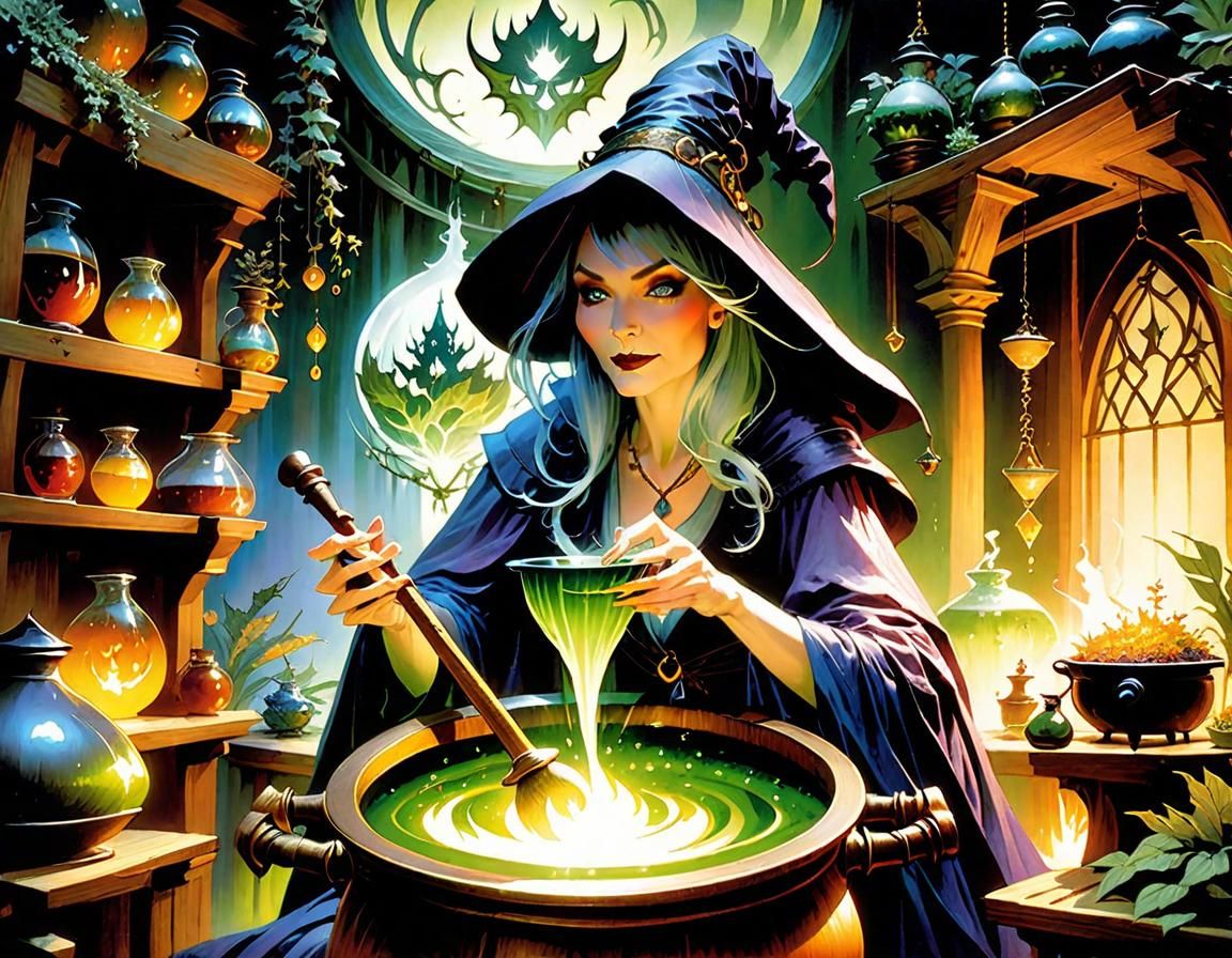 An evil sorceress stirring a bubbling cauldron (Mysterious XL v4) - AI ...