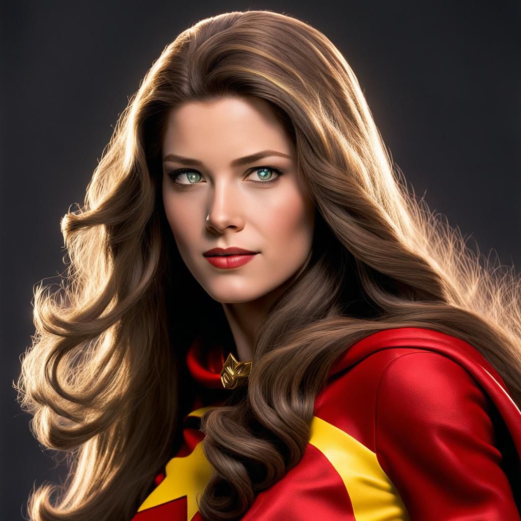 A grown up beautiful Mary Marvel with long thick tantalizing long hair.