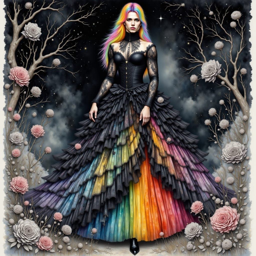 <lora:Dress Intensity:1.0> Watercolor dynamic drawing fantasy of a rainbow haired goth man in a black rococo ball gown with rainbow ruffles,...