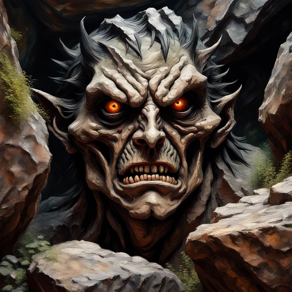 Monster face protruding from rocks, grotesque, cannibalistic...