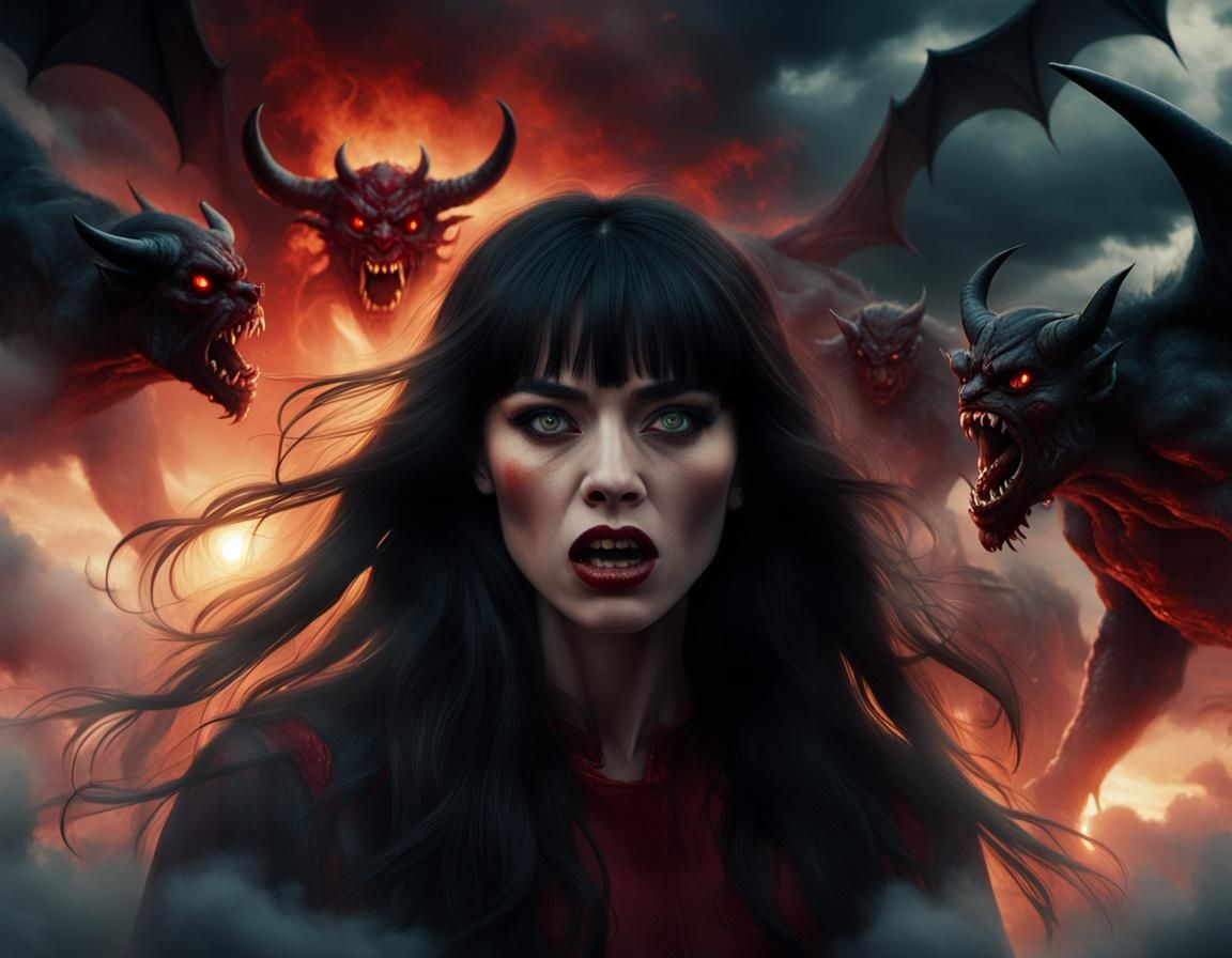 A beautiful young woman with long dark hair and bangs being attacked by devilish demons in the clouds, full body image