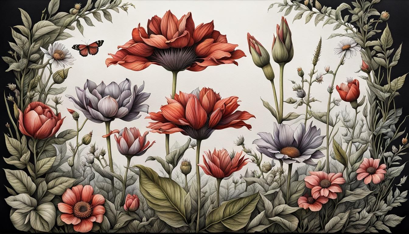 Botanical Flowers in 3D Ink Drawing
