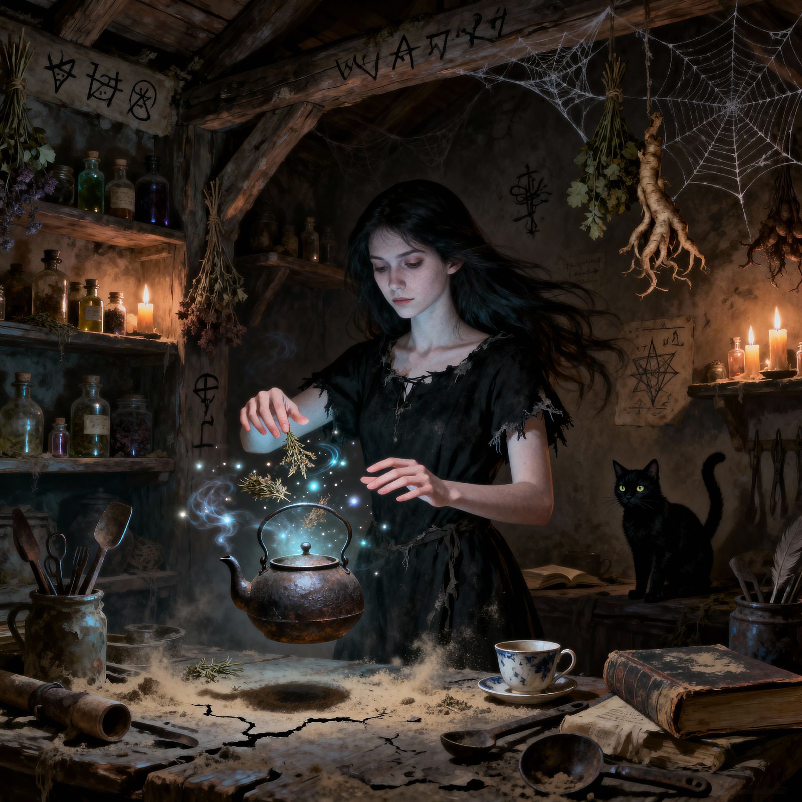 A young witch prepares an herbal infusion.
